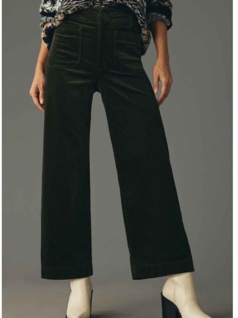 Anthropologie Maeve Pants Colette High Rise Cropped Wide Leg in Corduroy Green